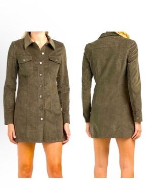 House of Harlow 1960 Olive Corduroy Button-Front Long Sleeve Dress